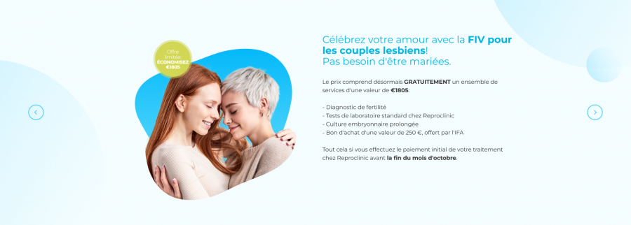 Réduction en octobre pour les couples de femmes de 1805€ sur les traitements FIV chez Reproclinic